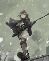 Rule 34 | 10s, 1girl, abbie, ahoge, amatori chika, black hair, boots, cape, from below, gun, outdoors, rifle, snowing, solo, weapon, world trigger