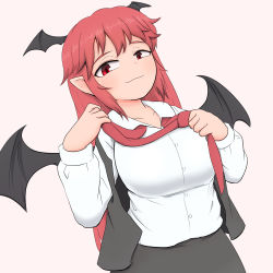 Rule 34 | 1girl, bat wings, black dress, black skirt, black vest, blush, breasts, collared shirt, come hither, demon girl, dress, head wings, kigan&#039;eiji, koakuma, large breasts, long hair, long sleeves, looking at viewer, loose necktie, necktie, red eyes, red hair, red necktie, seductive smile, shirt, skirt, skirt set, smile, solo, touhou, undone necktie, undressing, vest, white shirt, wings