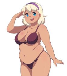 Rule 34 | 1girl, bikini, blonde hair, blue eyes, breasts, brown bikini, cloudxmoe, collarbone, commentary, cowboy shot, english commentary, hair between eyes, hairband, large breasts, looking at viewer, lyra (cloudxmoe), medium hair, mole, mole under eye, navel, open hands, open mouth, original, outstretched arm, plump, purple hairband, simple background, solo, swimsuit, tareme, teeth, thick arms, thick thighs, thighs, upper teeth only, white background