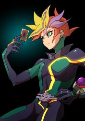 Rule 34 | 1boy, absurdres, belt, black background, black gloves, blonde hair, bodysuit, card, commentary request, duel disk, fujiki yusaku, gloves, glowing clothes, gradient background, green eyes, hand up, high collar, highres, holding, holding card, looking to the side, male focus, multicolored bodysuit, multicolored clothes, multicolored hair, orange hair, purple hair, serious, simple background, solo, spiked hair, standing, streaked hair, trading card, youko-shima, yu-gi-oh!, yu-gi-oh! vrains