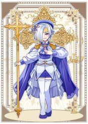 Rule 34 | 1girl, ascot, blonde hair, blue ascot, blue footwear, cross, cross earrings, earrings, epaulettes, full body, gredell elle, highres, holding, holding cross, jacket, jewelry, kromer (project moon), latin cross, limbus company, long sleeves, looking at viewer, multicolored hair, parted lips, project moon, puffy long sleeves, puffy sleeves, shoes, short hair, smile, solo, streaked hair, thighhighs, white eyes, white hair, white jacket, white thighhighs