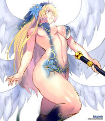 Rule 34 | 1girl, angel wings, blonde hair, blue dress, blue eyes, breasts, commission, dress, covered erect nipples, flower, hair flower, hair ornament, himegari dungeon meister, lakshmir (himegari dungeon meister), large breasts, multiple wings, navel, no bra, plunging neckline, rejean dubois, solo, thick thighs, thighs, veil, wings, x-ray