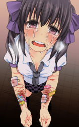 Rule 34 | 1girl, bandaid, bare arms, black hair, black necktie, black socks, blood, blush, breasts, breath, cleavage, collared shirt, crying, crying with eyes open, cuts, d:, fingernails, floor, floral print, flower, from above, from behind, frown, hair between eyes, hair ribbon, hata-tan (rui (hershe)), heart, heart print, highres, himekaidou hatate, indoors, injury, kneehighs, long hair, looking at viewer, looking up, miniskirt, necktie, open mouth, outstretched arms, pink eyes, plaid, plaid skirt, polka dot, purple ribbon, purple skirt, ribbon, sad, self-harm, shiori (moechin), shirt, sidelocks, skirt, slit wrist, small breasts, socks, solo, streaming tears, tareme, tears, teeth, tongue, touhou, twintails, white shirt