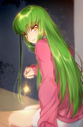 Rule 34 | 1girl, back, c.c., code geass, creayus, fireworks, green hair, grin, long hair, looking at viewer, sitting, smile, solo, sparkler, sweater