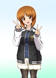 Rule 34 | 1girl, :d, black jacket, black pantyhose, blue jacket, blush, brown eyes, brown hair, casual, clothes writing, commentary request, cowboy shot, cutoffs, diesel-turbo, double v, girls und panzer, gradient background, green background, head tilt, jacket, pantyhose under shorts, long sleeves, looking at viewer, nishizumi miho, ooarai military uniform, open clothes, open jacket, open mouth, pantyhose, shirt, short hair, shorts, smile, solo, standing, translated, v, white shirt