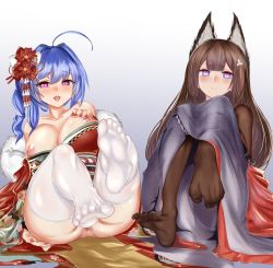 Rule 34 | 2girls, absurdres, ahoge, alternate costume, amagi (azur lane), animal ears, anus, ass, azur lane, bare shoulders, black pantyhose, blue hair, blunt bangs, blush, breasts, breasts out, brown hair, collarbone, feet, flower, fox ears, fur collar, gradient background, hair flower, hair ornament, hand on own chest, heart, heart-shaped pupils, highres, japanese clothes, kimono, large breasts, long hair, looking at viewer, multiple girls, nail polish, nipples, no shoes, off shoulder, open mouth, pantyhose, parted lips, purple eyes, purple kimono, red kimono, red nails, shiny skin, sidelocks, soles, st. louis (azur lane), st. louis (spirits in the snow) (azur lane), symbol-shaped pupils, thick eyebrows, thighhighs, toes, wenzheng147, white legwear, wide sleeves