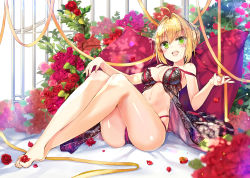 Rule 34 | 10s, 1girl, :d, ahoge, babydoll, bare arms, bare legs, bare shoulders, barefoot, bed sheet, black babydoll, black panties, blonde hair, blurry, blurry foreground, blush, bow, braid, breasts, cleavage, collarbone, commentary request, depth of field, fate/extra, fate (series), fingernails, flower, green eyes, hair between eyes, hair bow, hair bun, hair intakes, hands up, head tilt, highres, jin young-in, large breasts, legs, multi-strapped panties, navel, nero claudius (fate), nero claudius (fate) (all), nero claudius (fate/extra), open mouth, panties, petals, pillow, red bow, red flower, red rose, ribbon, rose, rose petals, sidelocks, single hair bun, sitting, smile, solo, toenails, underwear, underwear only, white background, yellow ribbon