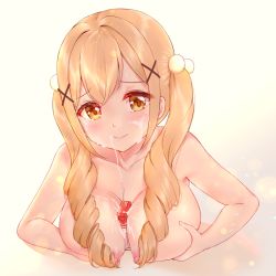 Rule 34 | 1girl, bang dream!, bendy straw, between breasts, blonde hair, blush, breasts, brown eyes, c8oyk, closed mouth, collarbone, drill hair, drinking straw, hair between eyes, hair bobbles, hair ornament, ichigaya arisa, large breasts, long hair, milk carton, nipples, nude, sexually suggestive, smile, solo, suggestive fluid, twin drills, twintails, upper body, x hair ornament