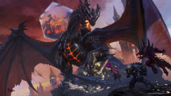 Rule 34 | 2others, animal focus, artist name, battle, bayard wu, black horns, building, castle, character request, claws, company name, copyright notice, deathwing, diablo (diablo 3), dragon, dutch angle, fantasy, glowing, glowing eyes, glowing mouth, heroes of the storm, highres, horns, monster, multiple horns, multiple others, official art, open mouth, orange eyes, portal (object), sharp teeth, spikes, spread wings, teeth, warcraft, western dragon, world of warcraft