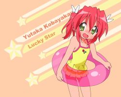 Rule 34 | 00s, 1girl, blush, character name, copyright name, green eyes, innertube, kobayakawa yutaka, lucky star, nishiya futoshi, non-web source, one-piece swimsuit, open mouth, red hair, short twintails, solo, swim ring, swimsuit, third-party edit, twintails