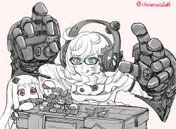 Rule 34 | 10s, 6+girls, :o, ahoge, aqua eyes, battleship princess, black bra, bra, braid, breasts, cleavage, collar, gauntlets, glasses, grin, ha-class destroyer, hair between eyes, headphones, horns, i-class destroyer, kantai collection, long hair, mechanical arms, medium breasts, midway princess, mittens, multiple girls, northern ocean princess, off-shoulder shirt, off shoulder, open mouth, pink background, re-class battleship, red eyes, seaport princess, shirt, simple background, single braid, smile, sparkle, spiked collar, spikes, stacking, supply depot princess, ta-class battleship, tongue, tongue out, twitter username, underwear, v-shaped eyebrows, very long hair, white hair, wo-class aircraft carrier, zenryoku natsuyasumi