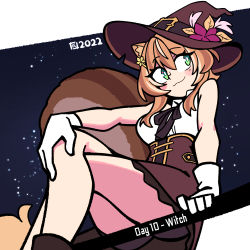 Rule 34 | 1girl, :3, absurdres, animal ears, artist logo, ayunda risu, ayunda risu (3rd costume), black ribbon, blush, blush stickers, breasts, broom, broom riding, brown hair, brown hat, brown skirt, closed mouth, collared shirt, commentary, crossed legs, dated, english commentary, english text, feet out of frame, flower, gloves, green eyes, hair between eyes, hair flower, hair ornament, hairclip, hand on own knee, hat, hat flower, high-waist skirt, highres, hololive, hololive indonesia, iqbal fauzi, looking to the side, medium breasts, medium hair, miniskirt, multicolored hair, neck ribbon, night, night sky, official alternate costume, ribbon, shirt, shirt tucked in, sidelocks, sitting, skirt, sky, sleeveless, sleeveless shirt, smile, solo, squirrel ears, squirrel girl, squirrel tail, star (sky), starry sky, streaked hair, tail, thighs, two-tone hair, virtual youtuber, white gloves, white hair, white shirt, wing collar, witch hat