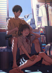 Rule 34 | 1boy, 1girl, :o, absurdres, backpack, bag, barefoot, blush, book, book stack, bookshelf, braiding hair, brown hair, chair, crying, day, hair tie in mouth, hairdressing, handkerchief, highres, indoors, lamp, long hair, macaronk, mouth hold, necktie, open mouth, original, school uniform, shirt, sitting, stuffed monkey, sunlight, t-shirt, tears, tissue box, unworn backpack, unworn bag, unworn necktie, unworn shirt, window, window blinds