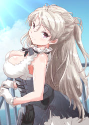 Rule 34 | 1girl, armpit cutout, blue sky, breasts, brown eyes, building, cleavage, cleavage cutout, clothing cutout, cloud, cloudy sky, conte di cavour (kancolle), conte di cavour nuovo (kancolle), corset, cowboy shot, day, dress, frilled dress, frills, fuji (pixiv24804665), gloves, highres, kantai collection, large breasts, looking at viewer, ocean, outdoors, sky, solo, standing, two side up, white dress, white gloves