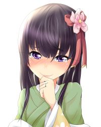 Rule 34 | 1girl, blush, crying, crying with eyes open, flower, full-face blush, hair flower, hair ornament, hair ribbon, hieda no akyuu, japanese clothes, jewelry, long sleeves, looking at viewer, matsura (nagatosan), purple eyes, ribbon, ring, short hair, simple background, smile, solo, sparkle, tears, touhou, upper body, white background, wide sleeves