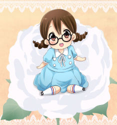 Rule 34 | 1girl, :o, absurdres, bad id, bad pixiv id, bespectacled, braid, brown eyes, brown hair, chibi, dress, flower, glasses, highres, hirasawa yui, k-on!, k-on! movie, mini person, minigirl, official style, oversized object, ragho no erika, rose, singing! (k-on!), sitting, solo, twin braids