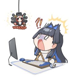 Rule 34 | !?, animal ears, black hair, blue eyes, blue hair, boros (ouro kronii), bug, commentary, hair intakes, hakos baelz, highres, hololive, hololive english, jacket, keyboard (computer), monitor, mouse ears, multicolored hair, multiple girls, ouro kronii, ouro kronii (casual), red hair, short hair, shoulder strap, snowmya, spider, upside-down, virtual youtuber