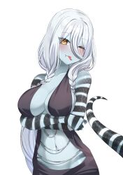 Rule 34 | 1girl, artist request, bare shoulders, blush, breasts, character request, colored skin, crossed arms, fang, grey skin, lamia, large breasts, long hair, monster girl, navel, one eye closed, scales, smile, snake tongue, tail, tongue, tongue out, white background, white hair, yellow eyes