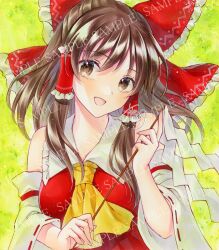 Rule 34 | 1girl, alto2019, ascot, bow, brown eyes, brown hair, detached sleeves, frilled bow, frilled hair tubes, frills, gohei, hair bow, hair tubes, hakurei reimu, highres, holding, holding gohei, marker (medium), nontraditional miko, red bow, red shirt, sample watermark, shirt, sleeveless, sleeveless shirt, solo, touhou, traditional media, watermark, wide sleeves, yellow ascot