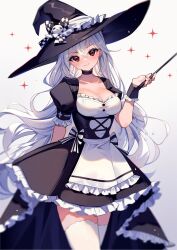 Rule 34 | 1girl, black bow, black choker, black dress, black hat, blush, bow, breasts, checkered bow, checkered clothes, choker, cleavage, collarbone, commentary, cross, dress, english commentary, frills, hat, highres, holding, holding wand, hyanna-natsu, lace trim, large breasts, long hair, looking at viewer, maid, original, red eyes, simple background, smile, solo, sparkle, striped, striped bow, thighhighs, two-tone bow, two-tone dress, very long hair, wand, white background, white bow, white dress, white hair, white thighhighs, witch, witch hat, wrist cuffs, zettai ryouiki