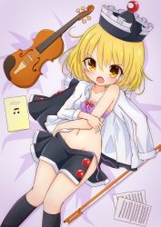 Rule 34 | 1girl, black socks, blonde hair, blush, bow, bra, breasts, buttons, cleavage, collared shirt, crescent, eighth note, hair between eyes, hat, highres, inon, instrument, kneehighs, looking at viewer, lunasa prismriver, lying, musical note, navel, on back, open clothes, open mouth, open shirt, open skirt, panties, pleated skirt, purple bra, purple panties, red bow, shirt, short hair, side-tie panties, skirt, small breasts, socks, solo, touhou, underwear, untied panties, violin, white shirt, yellow eyes