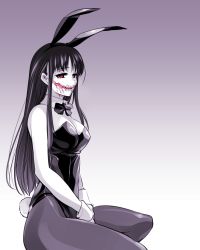 Rule 34 | 1girl, absurdres, animal ears, bare shoulders, bow, bowtie, commentary, detached collar, fake animal ears, fake tail, glasgow smile, highres, ishiyumi, kuchisake-onna, leotard, long hair, monochrome, original, own hands together, pantyhose, playboy bunny, purple theme, rabbit ears, rabbit tail, red eyes, sidelocks, sleeveless, solo, spot color, strapless, strapless leotard, tail, wing collar, wrist cuffs