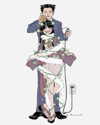 Rule 34 | 1boy, 1girl, ace attorney, black footwear, black hair, blue jacket, blue pants, blunt bangs, cable, christmas lights, christmas ornaments, closed eyes, collared shirt, electric plug, electrical outlet, formal, full body, half updo, hanten (clothes), highres, holding, jacket, japanese clothes, jewelry, kimono, long hair, long sleeves, magatama, maya fey, necklace, obi, okobo, omen hohoho, open mouth, pants, parted bangs, phoenix wright, pink sash, purple jacket, sandals, sash, shirt, shoes, short hair, short kimono, sidelocks, simple background, smile, spiked hair, standing, suit, white kimono