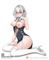 Rule 34 | 1girl, artist name, azur lane, blue dress, blush, braid, braided bangs, breasts, crown braid, cum, cum on body, cum on breasts, cum on upper body, dress, english text, finger to mouth, flower, gloves, grey hair, hair flower, hair ornament, hand on lap, hecatiartz, high heels, highres, large breasts, looking at viewer, medium hair, nipples, rose, shoes, sirius (azur lane), sirius (azure horizons) (azur lane), sitting, sitting on lap, sitting on person, solo, thighhighs, thighs, white background, white footwear, white gloves, white thighhighs