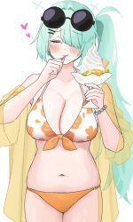 Rule 34 | 1girl, bikini, blue archive, blush, breasts, cleavage, closed eyes, closed mouth, cowboy shot, eyewear on head, food, green hair, green halo, hair over one eye, halo, heart, highres, hiyori (blue archive), hiyori (swimsuit) (blue archive), large breasts, long hair, navel, official alternate costume, side ponytail, simple background, solo, sunglasses, swimsuit, tsumayouji (tumayog), white background, white bikini