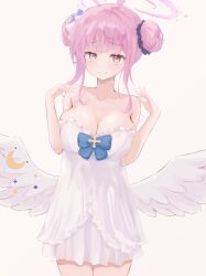 Rule 34 | 1girl, absurdres, alternate hairstyle, bare shoulders, blue archive, breasts, cleavage, closed mouth, collarbone, commentary, cowboy shot, double bun, dress, feathered wings, hair bun, hair ornament, hair scrunchie, halo, hands up, highres, large breasts, light blush, looking at viewer, low wings, mika (blue archive), miksin, pink hair, pink halo, scrunchie, sidelocks, simple background, sleepwear, smile, solo, standing, white background, white dress, white wings, wings, yellow eyes