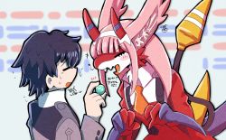 Rule 34 | 10s, 1boy, 1girl, black hair, blush, candy, colored skin, commentary, couple, darling in the franxx, closed eyes, food, fringe trim, hair ornament, hairband, hetero, highres, hiro (darling in the franxx), holding, holding candy, holding food, horns, kuro1223, long hair, oni horns, pink hair, red horns, red skin, short hair, sweat, translation request, white hairband, zero two (darling in the franxx)