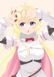 Rule 34 | 1girl, absurdres, ahoge, animal ears, armpits, arms up, blonde hair, bow, bowtie, breasts, brooch, cape, chestnut mouth, detached sleeves, dress, fur-trimmed dress, fur-trimmed sleeves, fur trim, heart, heart hands, highres, hololive, horns, jewelry, kisasage, large breasts, light brown background, long hair, looking at viewer, open mouth, pink cape, purple eyes, red bow, red bowtie, ribbed sleeves, sheep ears, sheep girl, sheep horns, sidelocks, simple background, sleeveless, sleeveless dress, solo, tsunomaki watame, tsunomaki watame (1st costume), underbust, upper body, very long hair, virtual youtuber, white dress, white sleeves