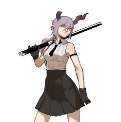 Rule 34 | 1girl, absurdres, bare shoulders, black gloves, black skirt, bright pupils, broken horn, check copyright, closed mouth, collared shirt, contrapposto, copyright request, cowboy shot, curled horns, gloves, gogalking, highres, holding, holding sword, holding weapon, horns, looking at viewer, original, over shoulder, pinky out, pleated skirt, ponytail, purple hair, red eyes, shirt, simple background, skirt, solo, standing, sword, sword over shoulder, weapon, weapon over shoulder, white background, white pupils, white shirt, wing collar