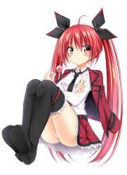 Rule 34 | 10s, 1girl, absurdres, ahoge, black thighhighs, blush, boots, bow, candy, date a live, food, full body, hair bow, hair ornament, highres, itsuka kotori, jacket, lollipop, long hair, looking at viewer, necktie, panties, pantyshot, red eyes, red hair, sigemi, skirt, solo, thigh boots, thighhighs, transparent background, twintails, underwear, uniform, upskirt, white background, white panties