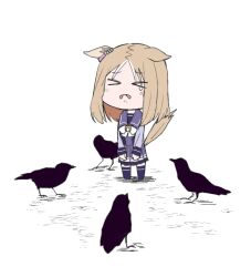Rule 34 | &gt; &lt;, animal ears, bird, blonde hair, chibi, closed eyes, commentary request, crow, highres, hitode (ziburi), horse ears, horse tail, medium hair, narita top road (umamusume), open mouth, scared, school uniform, simple background, standing, tail, tears, thighhighs, tracen school uniform, umamusume, white background