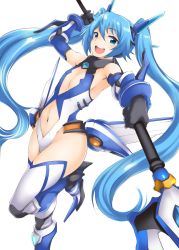 Rule 34 | 1girl, :d, armor, armored boots, armpits, bare shoulders, blue eyes, blue hair, blush, boots, breasts, cleavage cutout, clothing cutout, commentary request, elbow gloves, faulds, gloves, gorget, hair between eyes, headgear, highres, hisakawa chin, holding, holding weapon, leg lift, leotard, long hair, looking at viewer, looking to the side, navel, navel cutout, open mouth, ore twintail ni narimasu, polearm, revealing clothes, round teeth, simple background, small breasts, smile, solo, tailblue, teeth, thighhighs, twintails day, vambraces, very long hair, weapon, white background