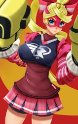 Rule 34 | 1girl, arms (game), blonde hair, blue eyes, boxing gloves, breasts, earrings, hair ribbon, janong, jewelry, lips, long hair, looking at viewer, mask, nintendo, ribbon, ribbon girl (arms), skirt, smile, solo