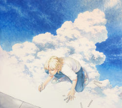 Rule 34 | ambiguous gender, blonde hair, blue footwear, blue pants, closed eyes, closed mouth, cloud, commentary request, cumulonimbus cloud, from above, highres, holding, holding marker, marker, marker (medium), medium hair, on one knee, original, painting (action), painting (object), pants, partial commentary, shiratama (hockey), shirt, shoes, short sleeves, sky, sneakers, solo, traditional media, white shirt