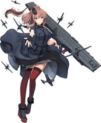 Rule 34 | 1girl, aircraft, airplane, black dress, breasts, brown hair, dress, f6f hellcat, flight deck, full body, garter straps, gun, hair ornament, kantai collection, large breasts, looking at viewer, official art, ponytail, red thighhighs, saratoga (kancolle), saratoga mk ii (kancolle), shizuma yoshinori, side ponytail, smile, smokestack, solo, submachine gun, thighhighs, thompson submachine gun, transparent background, weapon