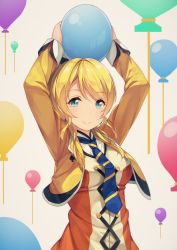Rule 34 | 10s, 1girl, arms up, ayase eli, bad id, bad twitter id, balloon, blonde hair, blue eyes, cropped jacket, earrings, holding, holding balloon, jewelry, long sleeves, looking at viewer, love live!, love live! school idol festival, love live! school idol project, necktie, sidelocks, siva (executor), smile, solo, spade (shape), striped necktie, striped neckwear, sunny day song, swept bangs, upper body