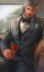 Rule 34 | 1boy, absurdres, aenaluck, artist name, bara, black jacket, black pants, black suit, black vest, bow, bowtie, cup, drinking glass, facial hair, formal, grey hair, highres, holding, jacket, looking at viewer, male focus, master (aenaluck), original, pants, shirt, short hair, sitting, solo, suit, vest, white shirt, wine glass