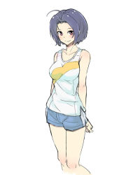 Rule 34 | 1girl, arms behind back, bare shoulders, blue hair, breasts, idolmaster, idolmaster (classic), looking at viewer, mirai denki, miura azusa, red eyes, short hair, shorts, simple background, smile, solo, sportswear, tank top, white background