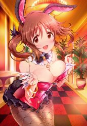 Rule 34 | 10s, 1girl, animal ears, bad id, bad pixiv id, breasts, brown eyes, brown hair, card, checkered floor, cleavage, fake animal ears, female focus, fishnets, geru (alpha discotica), idolmaster, idolmaster cinderella girls, jewelry, large breasts, necklace, open mouth, pantyhose, playboy bunny, playing card, rabbit ears, smile, solo, totoki airi, twintails, wrist cuffs