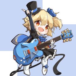 Rule 34 | 1girl, :d, arm up, asymmetrical gloves, black dress, black gloves, black hat, blonde hair, blue background, blue bow, blue cape, blush, boots, bow, cape, commentary request, dress, electric guitar, fingerless gloves, frilled dress, frills, full body, girls&#039; frontline, gloves, guitar, hair between eyes, hair bow, hat, high heel boots, high heels, highres, holding, holding instrument, instrument, kneehighs, matsuo (matuonoie), mini hat, mini top hat, mismatched gloves, nagant revolver (astral bond) (girls&#039; frontline), nagant revolver (girls&#039; frontline), official alternate costume, open mouth, puffy short sleeves, puffy sleeves, red eyes, short sleeves, smile, socks, solo, standing, striped clothes, striped gloves, striped socks, tilted headwear, top hat, two-tone background, vertical-striped clothes, vertical-striped gloves, vertical-striped socks, white background, white footwear, white gloves