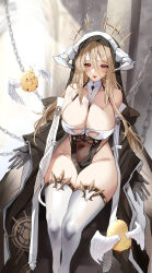 Rule 34 | 1girl, absurdres, azur lane, bare shoulders, between breasts, black gloves, blush, breasts, chain, cleavage, clothing cutout, commentary request, covered navel, curvy, detached collar, detached sleeves, feathered wings, feet out of frame, gloves, habit, hair between eyes, halo, highres, horns, implacable (azur lane), large breasts, long hair, long sleeves, looking at viewer, nun, parted lips, partial commentary, pelvic curtain, red eyes, revealing clothes, sitting, skyfracture, solo, thighhighs, thighs, very long hair, white headwear, white thighhighs, white wings, wide sleeves, wings