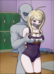 1boy 1girl absurdres ahoge akamatsu_kaede arms_behind_back bdsm bench blonde_hair blush bondage bound bound_legs breasts covered_navel danganronpa:_trigger_happy_havoc danganronpa_(series) faceless faceless_male fortissimo gag grabbing_another&#039;s_breast grabbing_from_behind grin groping hair_ornament highres improvised_gag indoors just_some_guy locker locker_room long_hair musical_note musical_note_hair_ornament one-piece_swimsuit purple_eyes rope school_swimsuit shibari smile standing swimsuit tape tape_gag teeth