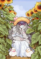 Rule 34 | 1boy, 1girl, absurdres, artist name, bandana, bare shoulders, bird, black-framed eyewear, blue sky, blurry, blurry foreground, blush, bow, breasts, cleavage, colored skin, day, dress, duck, facial mark, field, flower, flower field, frilled dress, frills, goggles, grey hair, grey skin, hat, hat bow, head rest, highres, jewelry, leaf, long hair, looking at viewer, madness combat, mask, mouth mask, muscular, muscular female, off-shoulder dress, off shoulder, outdoors, pink-tinted eyewear, piyik, ring, scar, scar on arm, sky, solo focus, straw hat, sun hat, sundress, sunflower, sunflower field, the sheriff (madness combat), tinted eyewear, very long hair, white dress, white hank, white mask, yellow flower