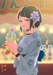 Rule 34 | 1girl, audio jack, black eyes, black hair, blurry, blurry background, blush, boku no hero academia, candy apple, choker, commentary, cup, diagonal bangs, disposable cup, drinking straw, earplugs, eyelashes, facial mark, floral print, flower, food, food stand, from side, hair flower, hair ornament, highres, holding, holding cup, japanese clothes, jirou kyouka, kasebumisan, kimono, lamp, lipstick, long sleeves, looking at viewer, makeup, nail polish, obi, parted lips, pink nails, purple flower, sash, short hair, sidelocks, smile, solo, summer festival, timestamp, transparent, upper body, wrist cuffs, yukata