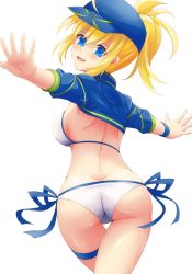 Rule 34 | 1girl, ahsiu, artoria pendragon (fate), ass, bikini, blonde hair, blue eyes, blush, breasts, cowboy shot, fate/grand order, fate (series), female focus, from behind, hat, highres, mysterious heroine x (fate), mysterious heroine xx (fate), open mouth, outstretched arms, ponytail, side-tie bikini bottom, simple background, solo, spread arms, swimsuit, two-tone bikini, white background, white bikini
