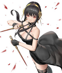Rule 34 | 1girl, absurdres, black dress, black gloves, black hair, black thighhighs, blood, blood on face, bloody weapon, breasts, cleavage, commentary, dagger, dress, dual wielding, earrings, fingerless gloves, gloves, hair between eyes, hairband, highres, holding, holding dagger, holding knife, holding weapon, jewelry, knife, large breasts, long hair, looking at viewer, red eyes, reverse grip, sidelocks, simple background, sleeveless, sleeveless dress, smile, solo, spy x family, sunkilow, thighhighs, thighs, weapon, white background, yellow hairband, yor briar, zettai ryouiki